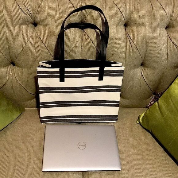 CANVAS TOTE STRIPS CREAM/BLACK WORK, LAPTOP, VACATION, SCHOOL - Picture 5 of 6